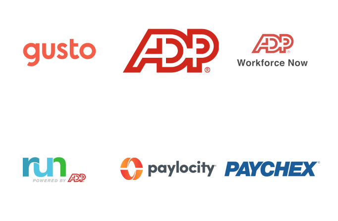 Logos in white rectangle with rounded cornres on black background of Gusto, ADP, ADP Workforce Now, run powered by ADP, paylocity, PAYCHEX 