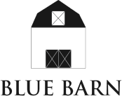 Picture of a barn in white and black and under the image is written with black letters "Blue Barn"