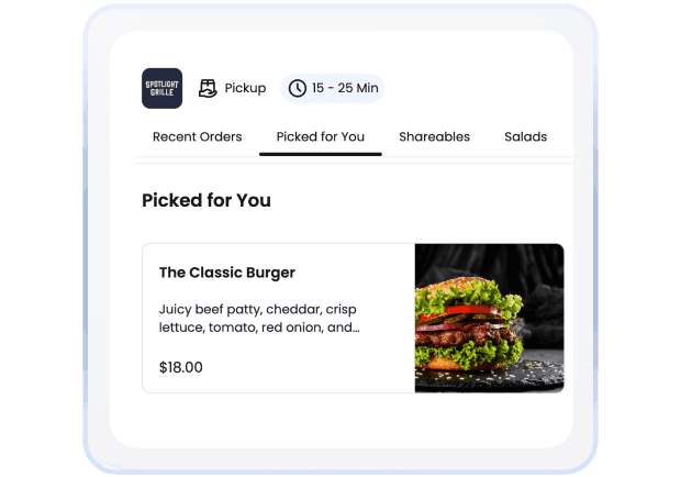 Picked for you section of online ordering menu on SpotOn Order