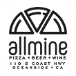 Allmine logo with pizza design and the words "pizza, beer, wine"