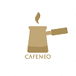 Cafeneo logo with a steaming coffee pot icon in gold tones