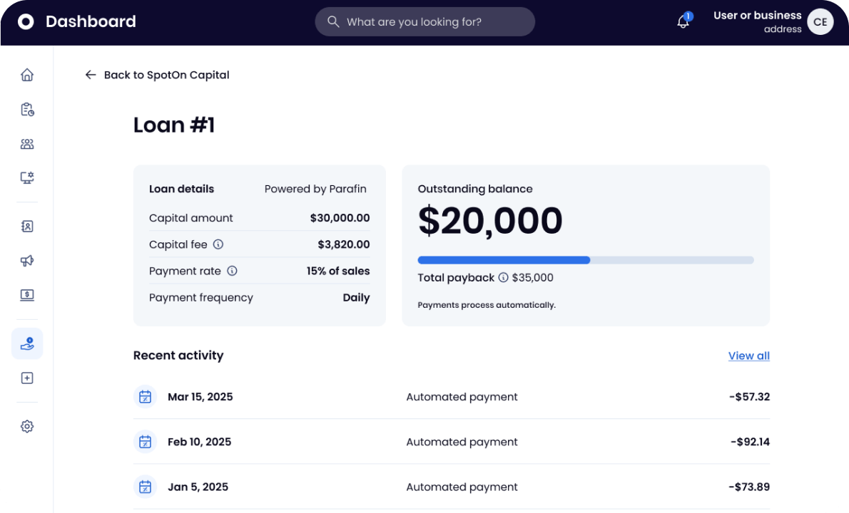 Example of SpotOn Capital restaurant loan details on the account dashboard