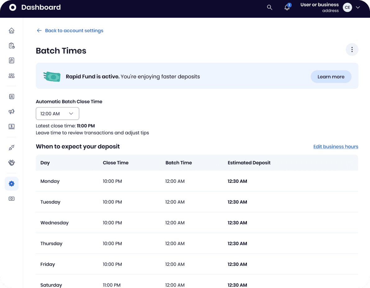 The SpotOn merchant dashboard showing batch schedule and rapid funding