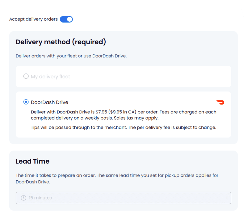 SpotOn Dashboard showing delivery settings for DoorDash Drive