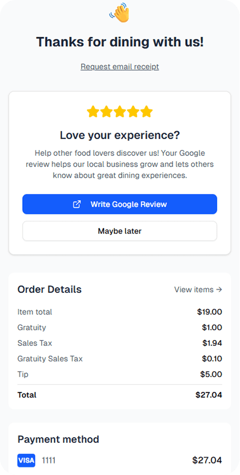 Guest is prompted to leave a Google review on the GoTo ordering app receipt screen