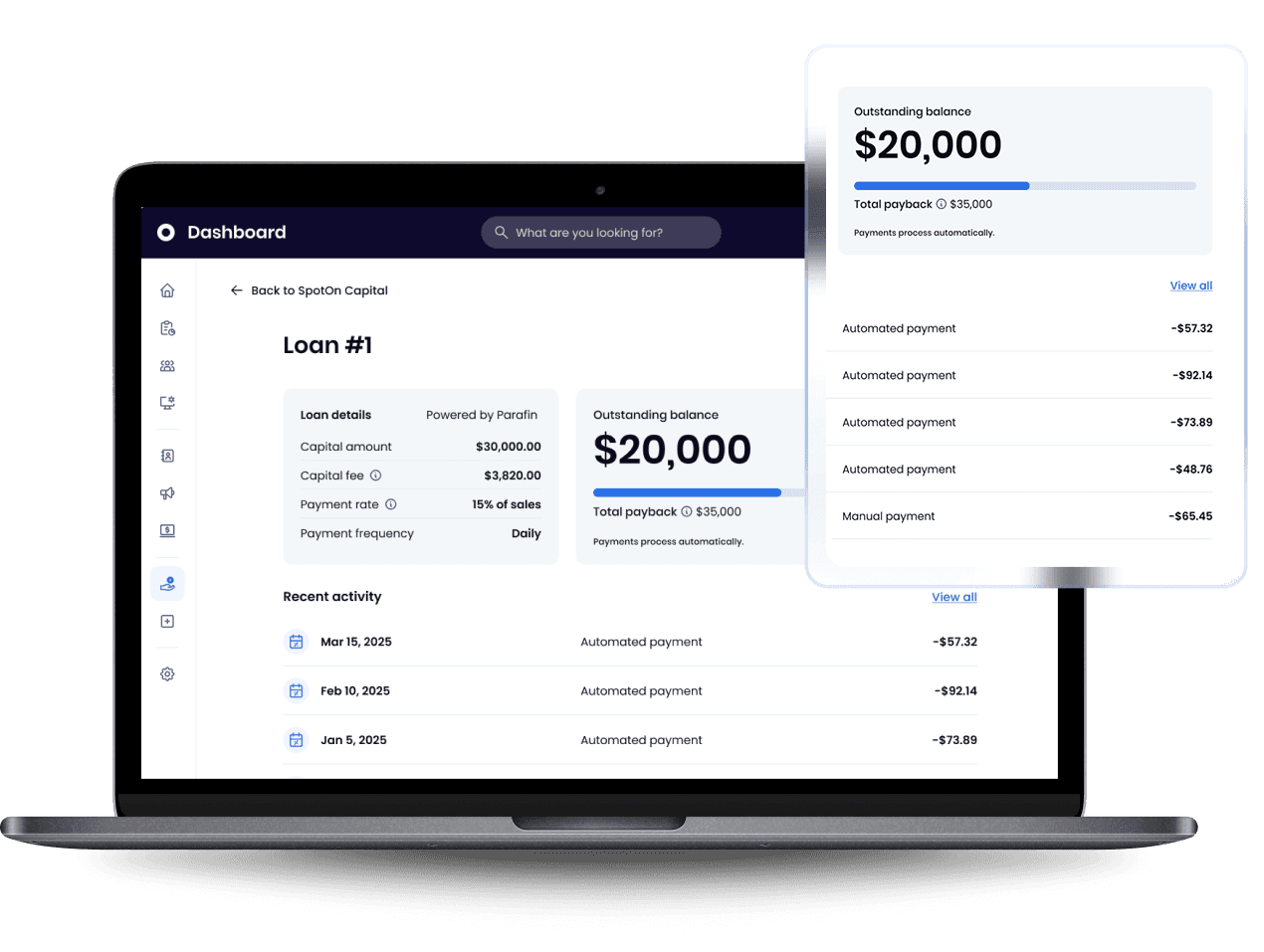 Loan management dashboard showing payment progress, current balance of $3,744.20, and prepayment options