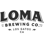 Black signature with capital letters on transparent background "LOMA" and below it is written with smaller capital black letters "BREWING CO.", below which is written with smaller black letters "Los Gatos CA"