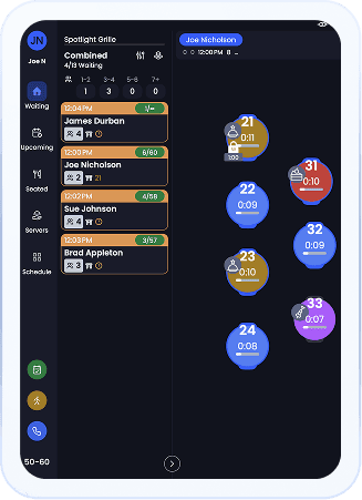 SpotOn Reserve host app display showing table layouts and reservations