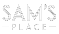 Sam’s Place logo in bold black lettering with horizontal line accents