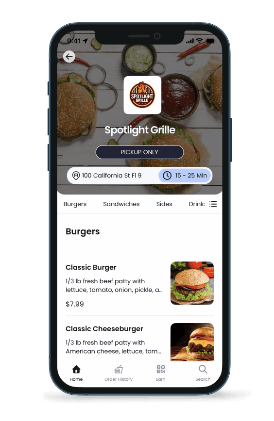 SpotOn GoTo online ordering app screen showing Spotlight Grille menu with burgers available for pickup