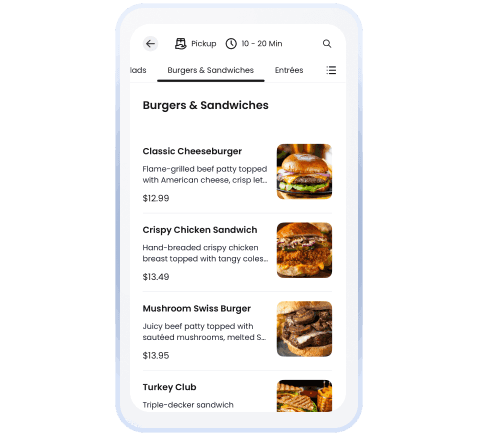 Burgers & sandwiches menu category on the SpotOn GoTo Place app
