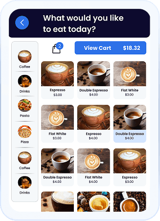SpotOn Kiosk display showing menu items for guests to self order