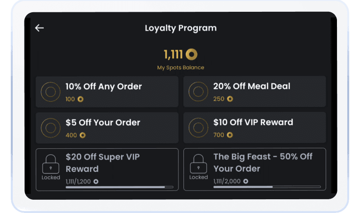 SpotOn loyalty program screen showing rewards and points balance for customers
