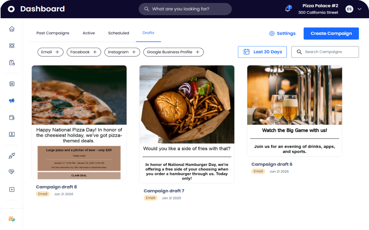 A screenshot of the SpotOn Marketing dashboard highlights current draft campaigns