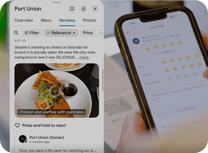A guest leaving a Google review for Port Union on a phone