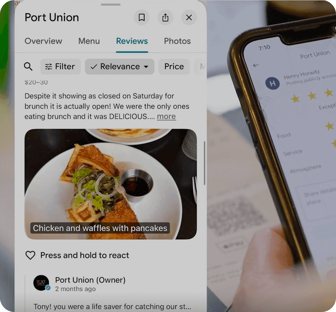 A guest leaving a Google review for Port Union on a phone