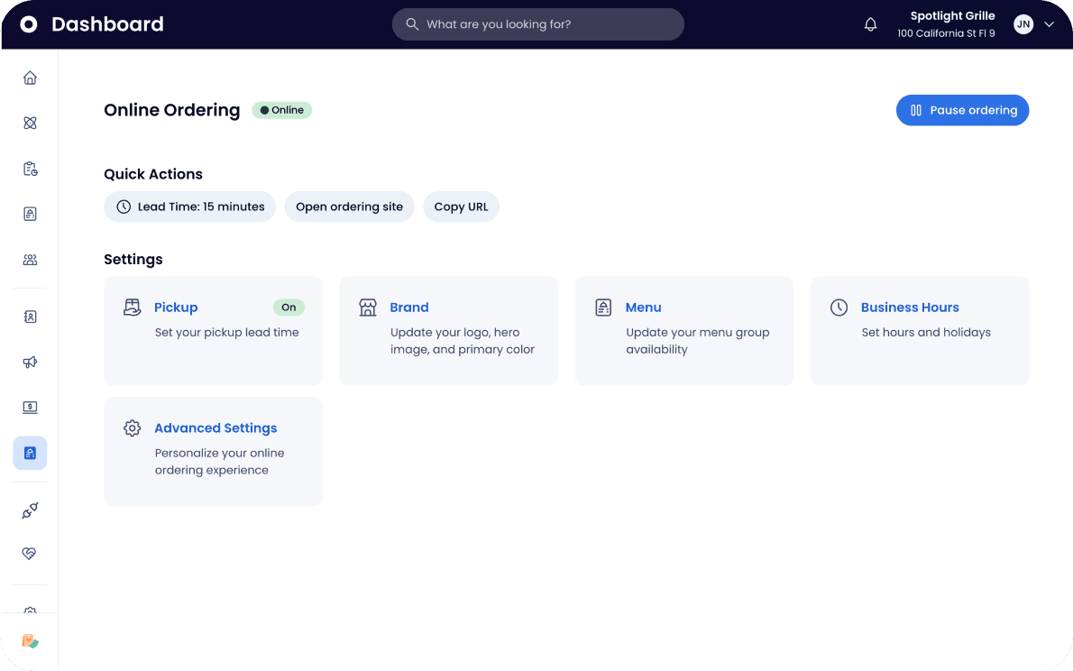Dashboard showing online ordering status, quick actions, and pickup, brand, menu settings.