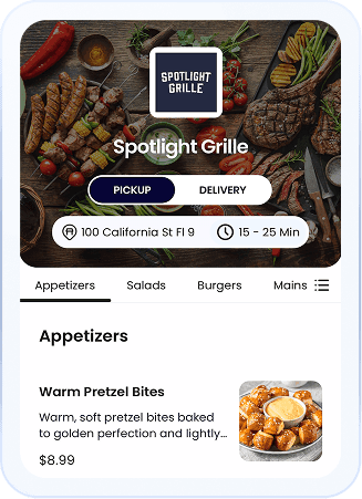SpotOn Order first-party online ordering showing takeout and delivery options