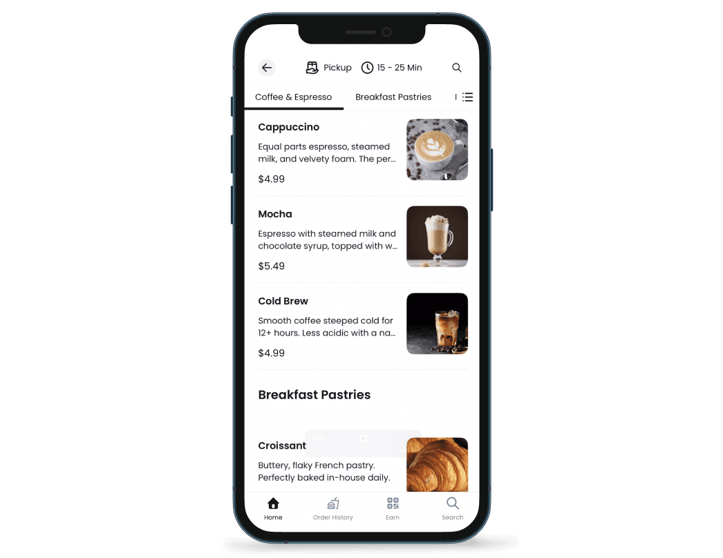 Coffee and pastry selection on the GoTo Place app