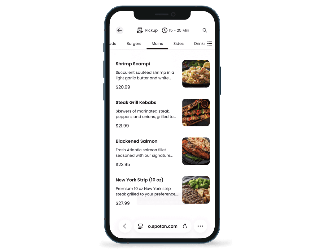 Spotlight Grille online ordering menu on an iPhone