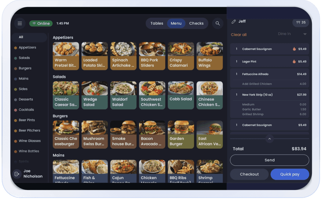 SpotOn POS user interface with bar menu
