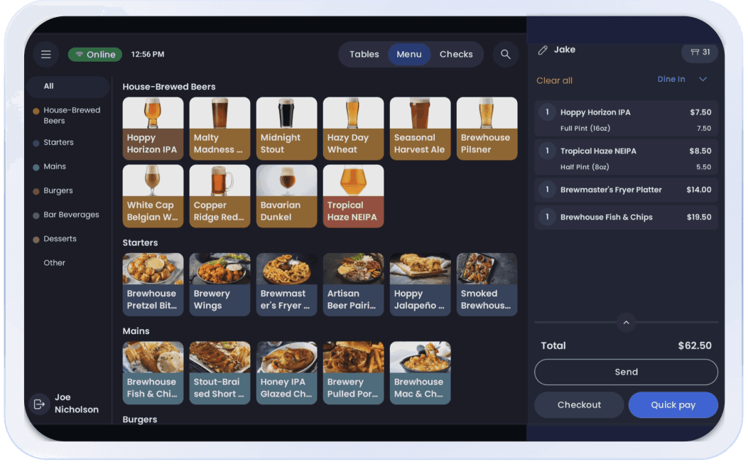 SpotOn POS user interface with brewery menu
