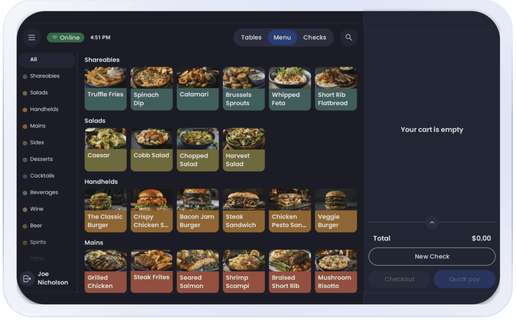 Casual dining menu on SpotOn POS