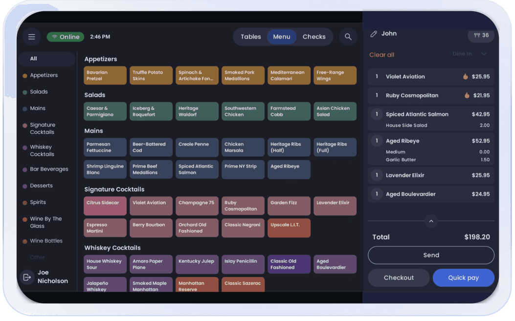 SpotOn POS user interface with fine dining menu