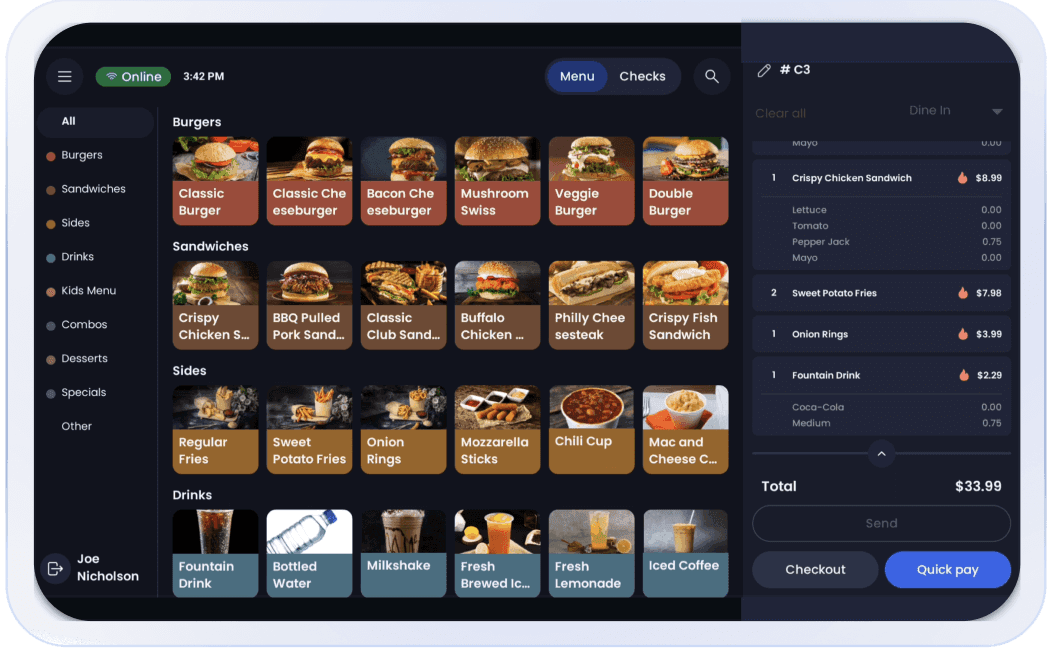 SpotOn POS user interface with menu