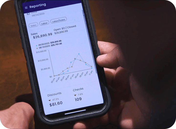 SpotOn reporting dashboard on a phone at Joe Muer