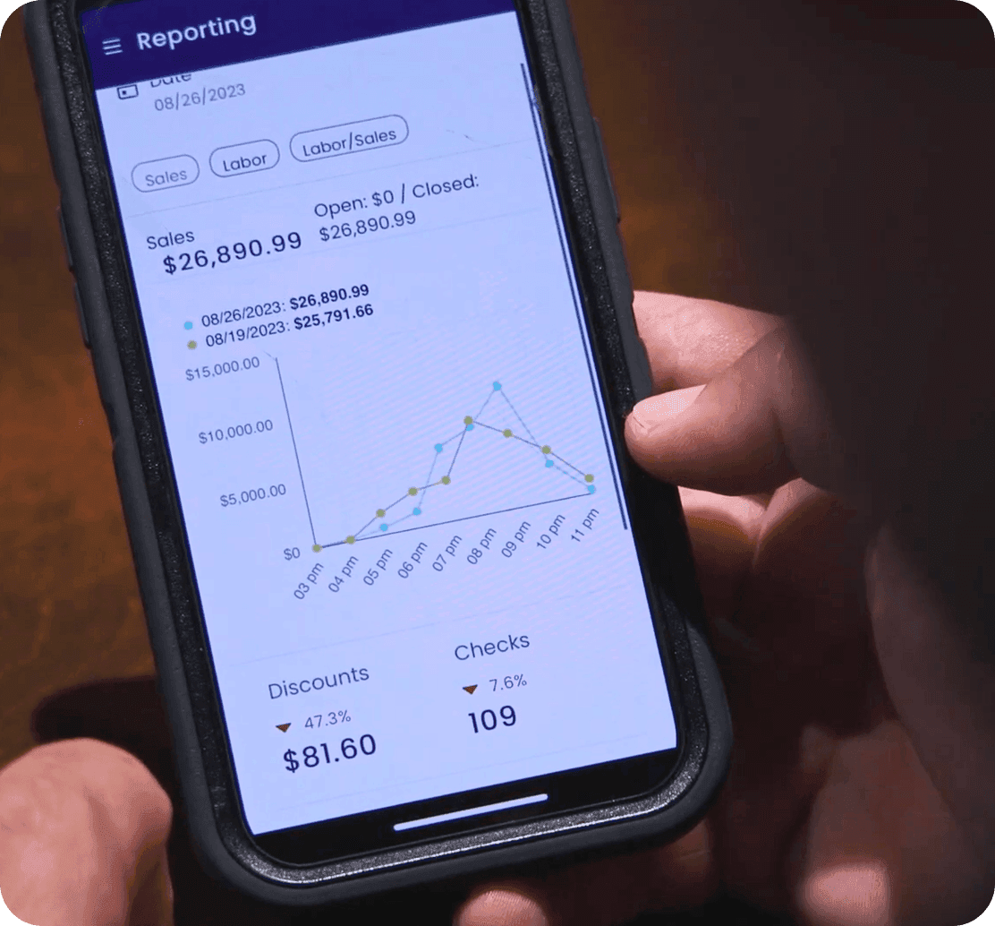 SpotOn reporting dashboard on a phone at Joe Muer