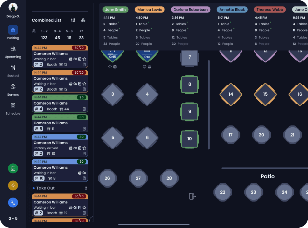 Host app view of table layouts and servers on a tablet