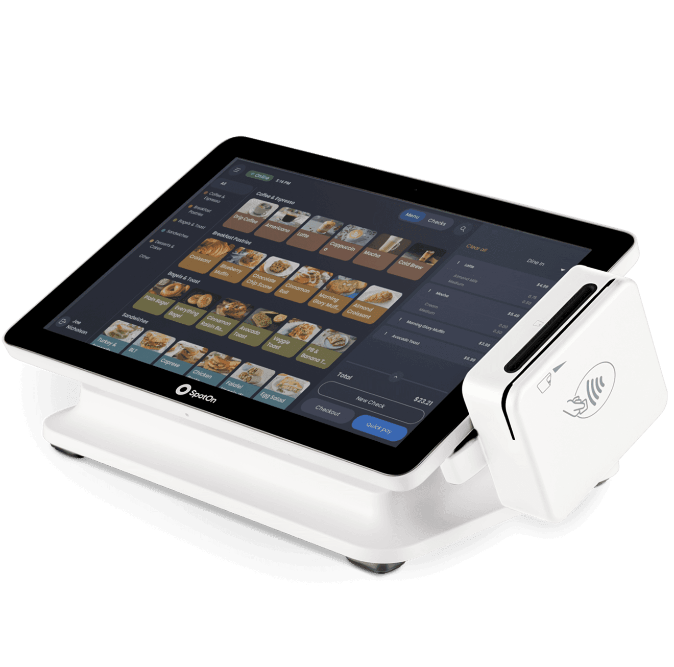 SpotOn Station 10 restaurant POS with mounted card reader