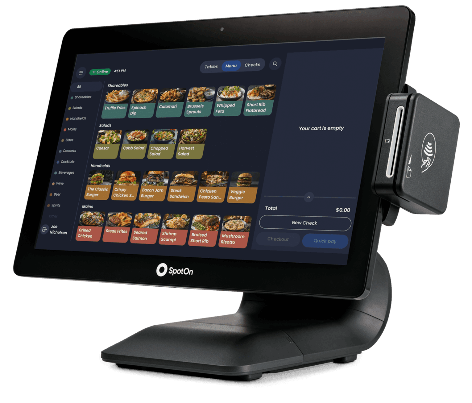 SpotOn Station 15 Elo POS with side-mounted contactless card readerRestaurant staff using SpotOn POS at a counter-service restaurant to process an order with sandwiches and salads