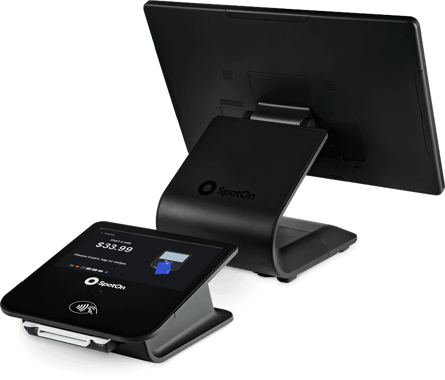 SpotOn Station 15" POS hardware with a detached customer-facing display.
