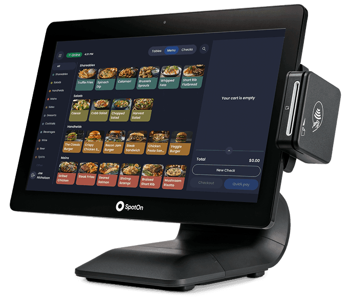 SpotOn Station 15 restaurant POS hardware with base reader