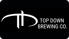 Top Down Brewing Co logo with stylized TD mark and white text on black background