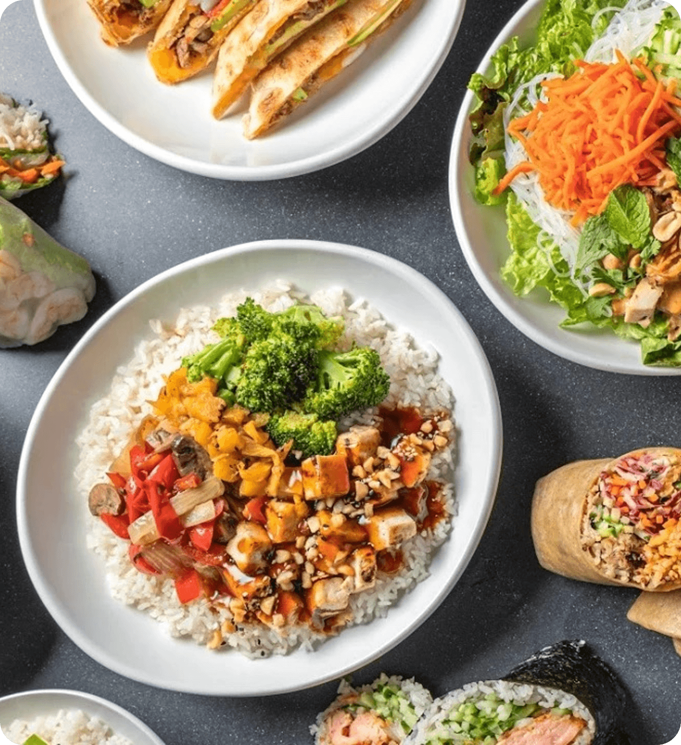 World Wrapps fresh wraps, rice bowls, salads and spring rolls assortment