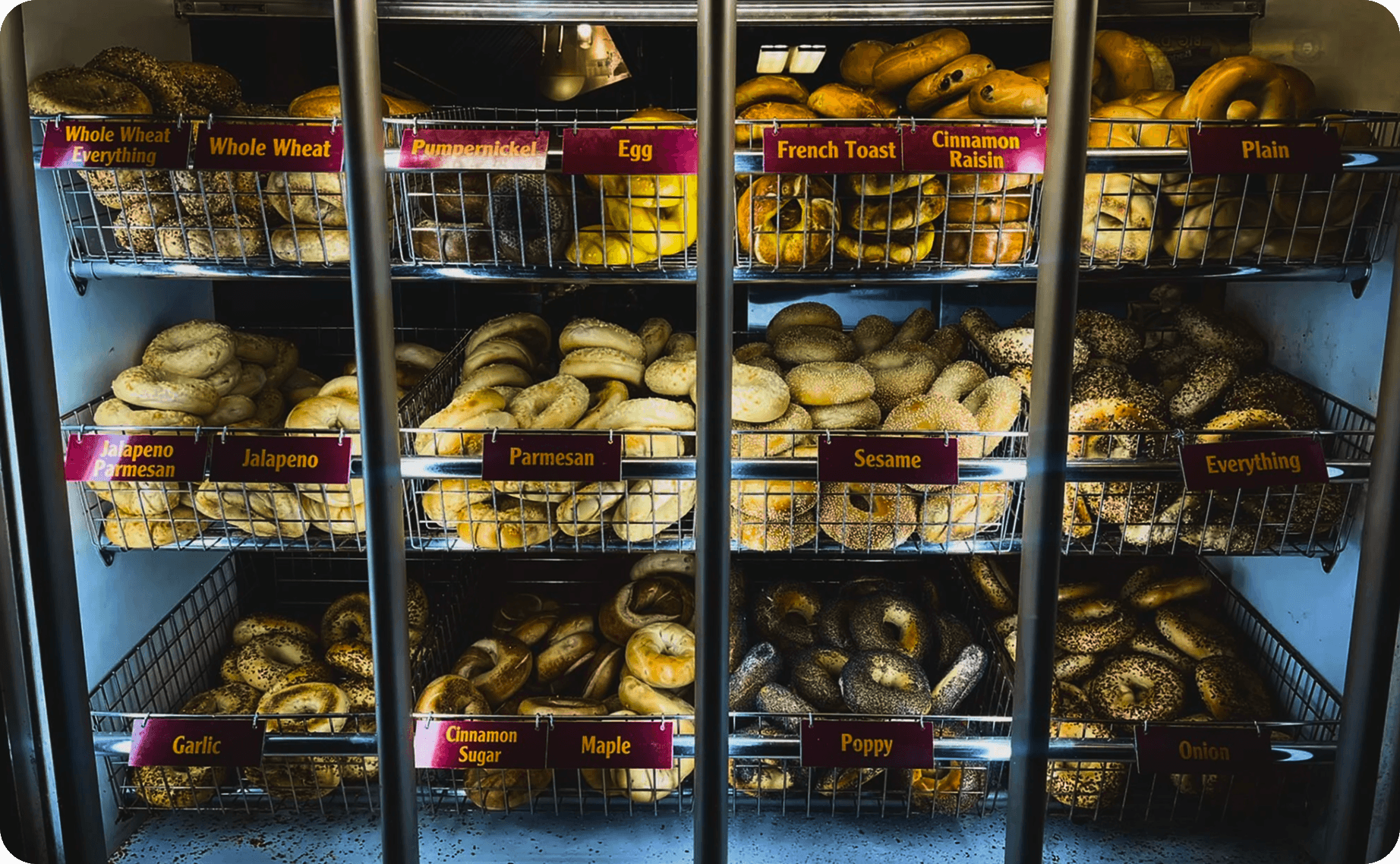 Assorted fresh bagels at Big Dave's Bagels & Deli