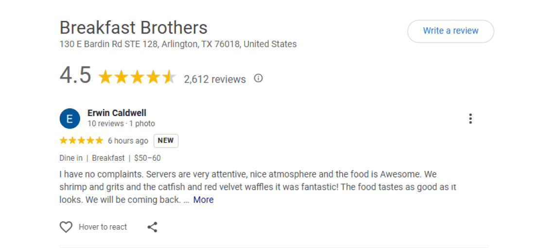 Numerous 5-star Google reviews for The Breakfast Brothers restaurant using SpotOn table pay & review