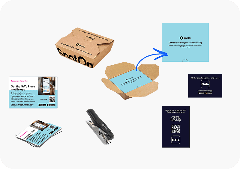 Personalized takeout bag inserts, NFC-enabled counter sign, and a stapler to encourage your guests to download the free GoTo Place app