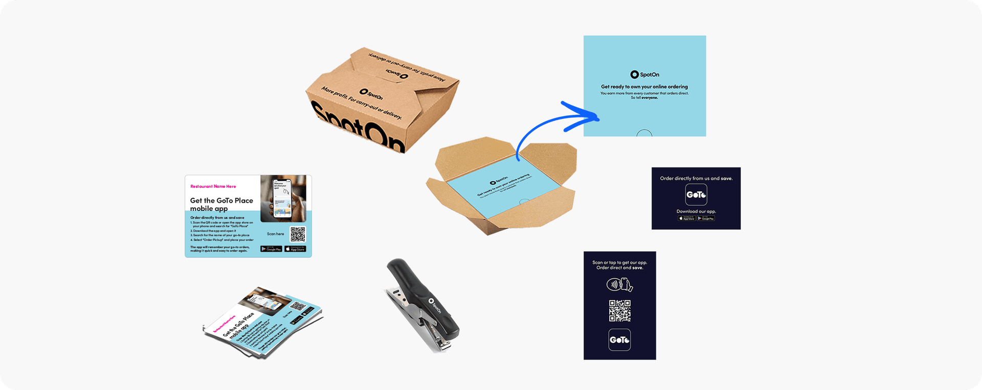 Personalized takeout bag inserts, NFC-enabled counter sign, and a stapler to encourage your guests to download the free GoTo Place app