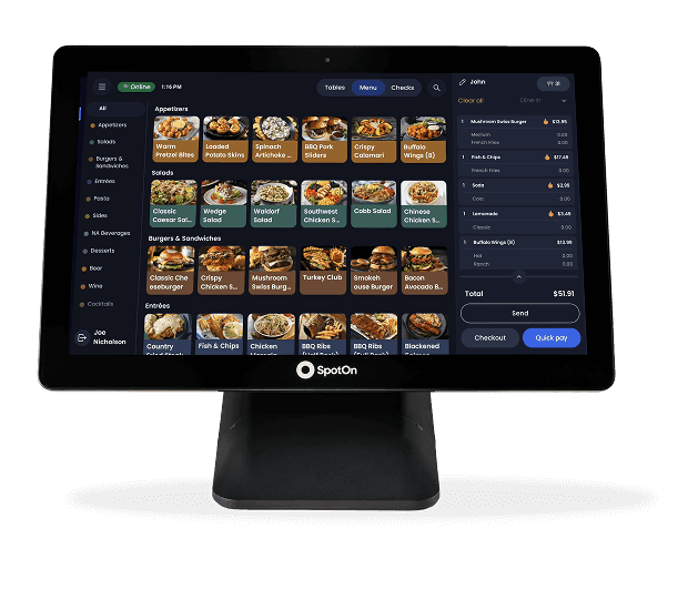 Restaurant POS touchscreen showing menu items, categories, and an order summary for checkout.