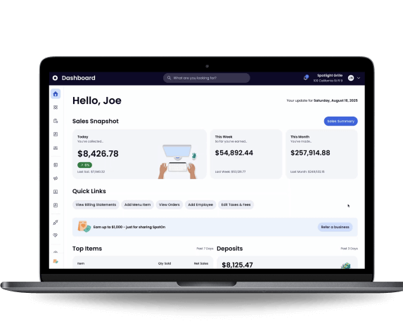 Business sales dashboard on laptop showing daily revenue, deposits, and sales summary.