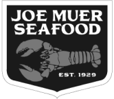 Company name with white letters on black background with a lobster as a logo with capital letters "JOE MUER SEAFOOD"