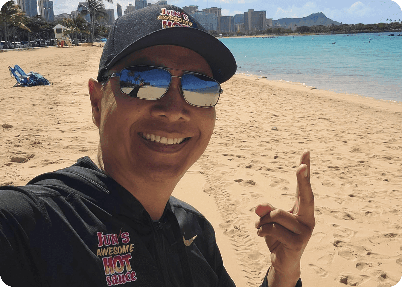 Jun Tadiarca, General Manager of Empire Steakhouse Waikiki, on a Hawaii beach
