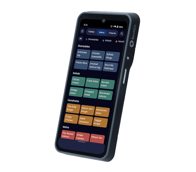 SpotOn Handheld 2.0 showing the menu screen