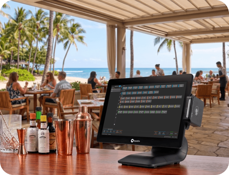 SpotOn restaurant POS on a station with an ocean view in a Hawaii restaurant