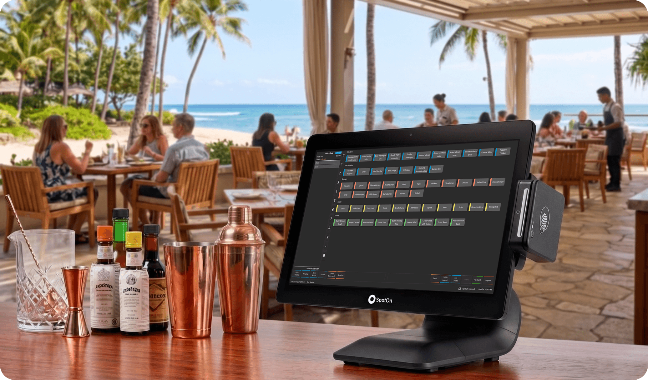 SpotOn restaurant POS on a station with an ocean view in a Hawaii restaurant