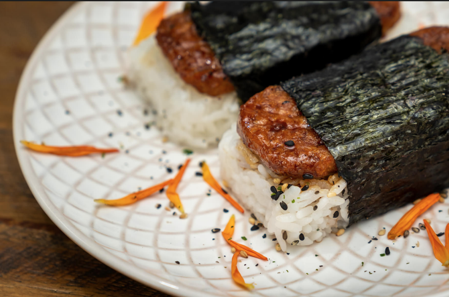 Chef Reina's vegan Spam musubi.